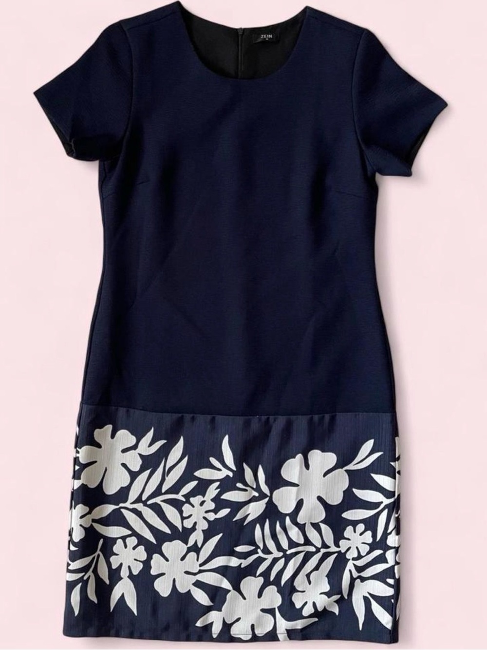 ZEIN Elegant Navy Tropical Floral Border Minimalist Shift Dress M Fully Lined